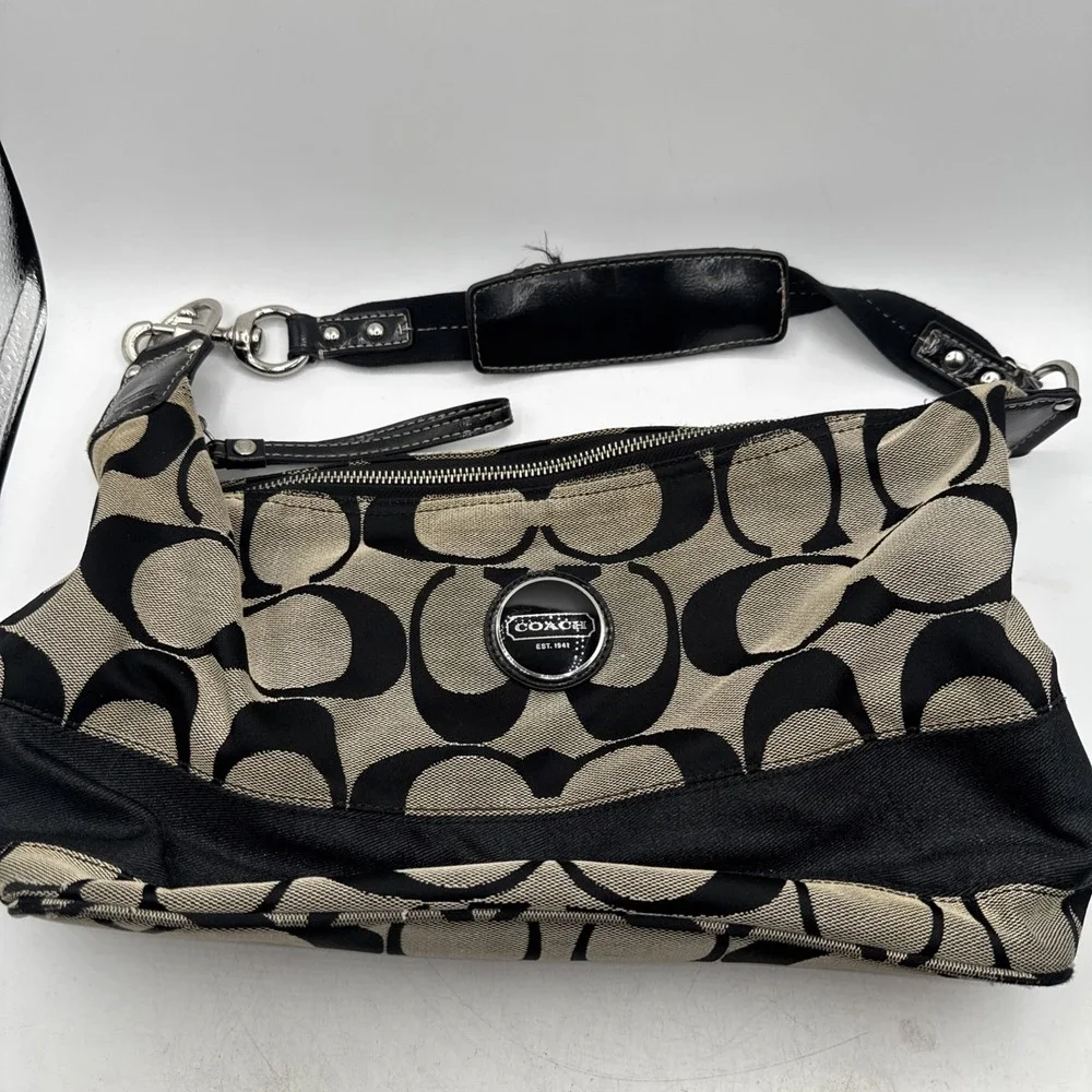 Coach F17434 Signature Stripe Hobo Satchel Purse Bag Black And Grey W/ Wallet